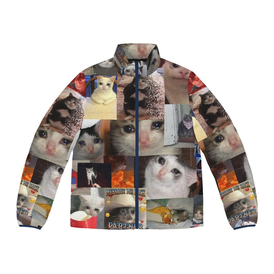 A cozy puffer jacket featuring a crying cat meme design