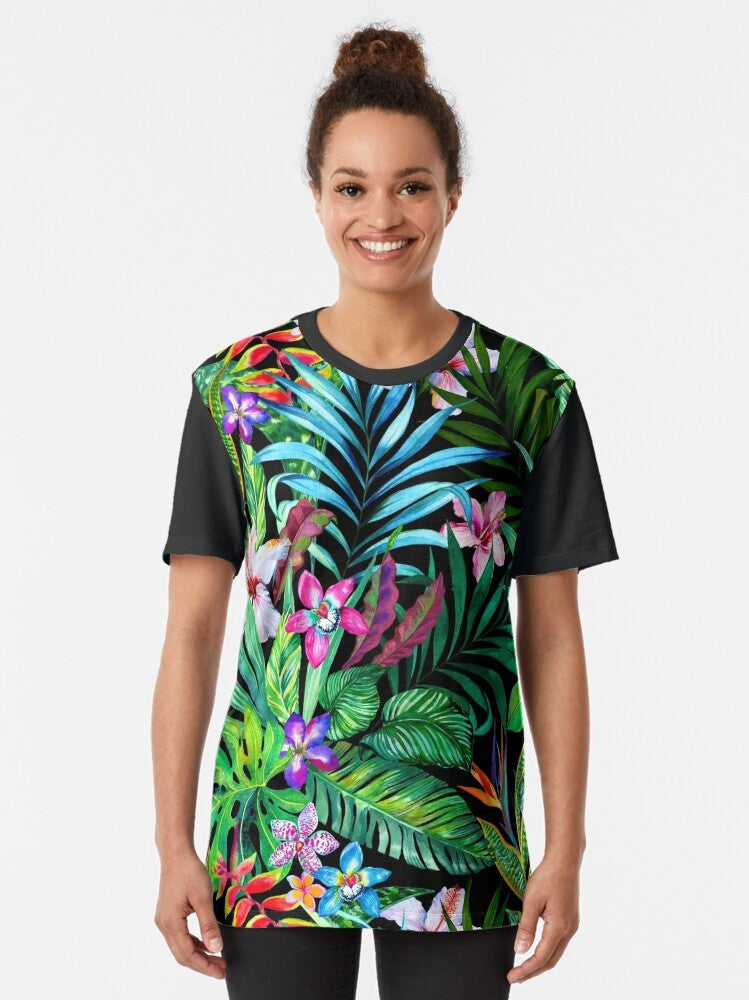 Tropical neon floral graphic t-shirt with a seamless botanical pattern - Women