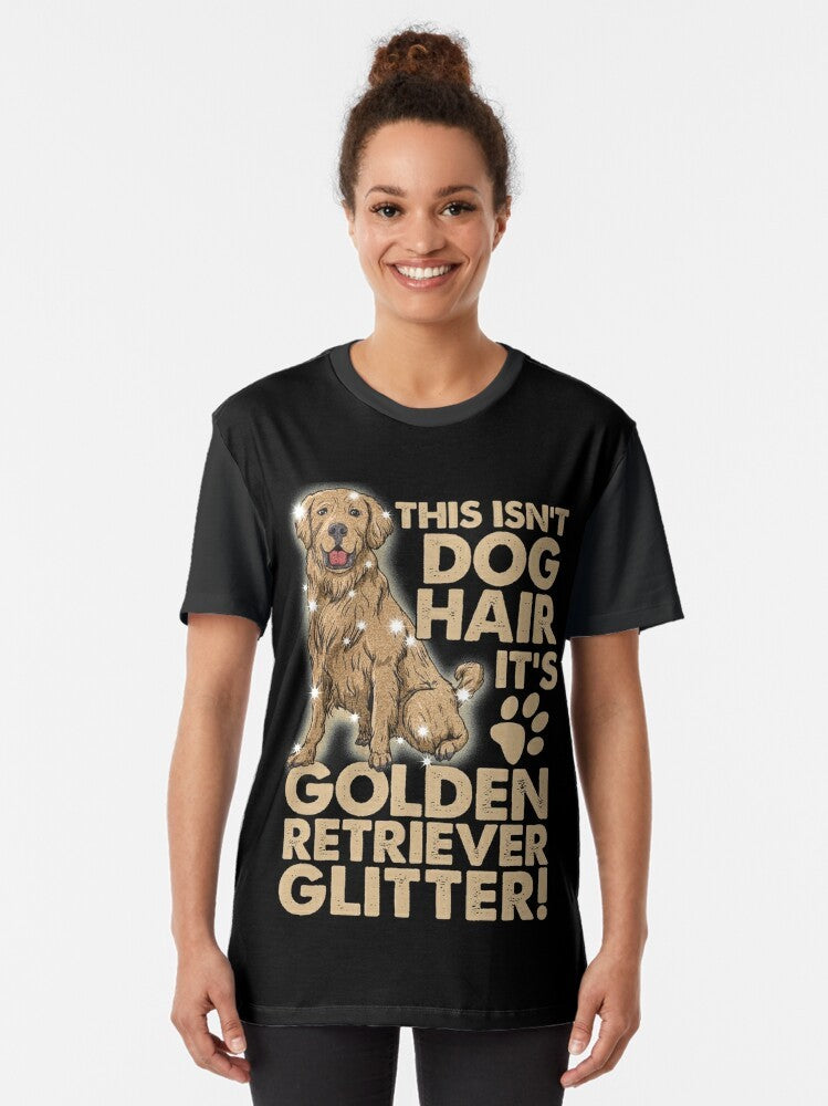 A golden retriever dog wearing a glittery graphic t-shirt - Women