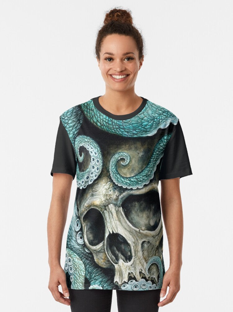 Graphic t-shirt featuring a skull and octopus design with the text "Please Love, Don't Die So Far from the Sea" - Women