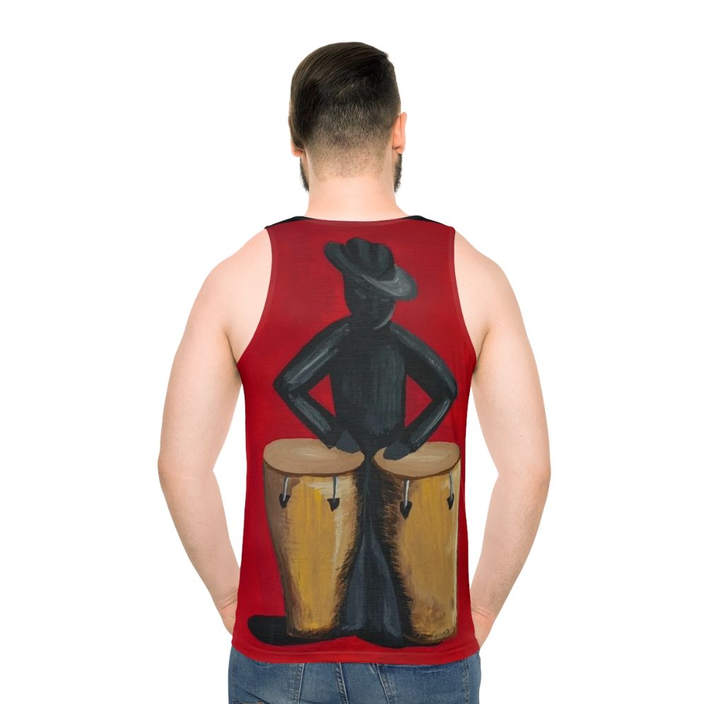 Unisex tank top featuring salsa music art and a conga player - men back