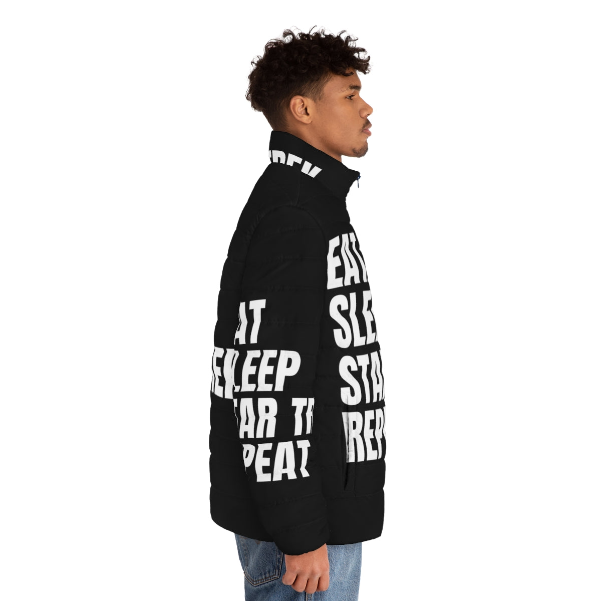 Star Trek Eat Sleep Repeat Puffer Jacket with Enterprise NCC-1701 vector design - men side right