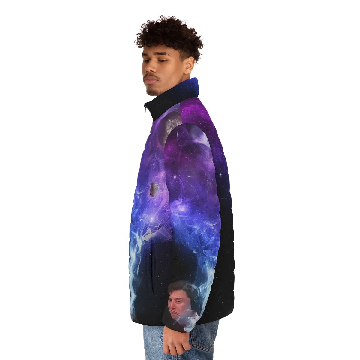 Elon Musk Puffer Jacket with a cosmic, space-themed design featuring smoking and the universe - men side left