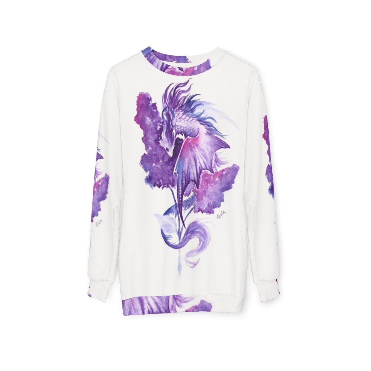 Lilac dragon sweatshirt with fantasy floral watercolor design - hanging