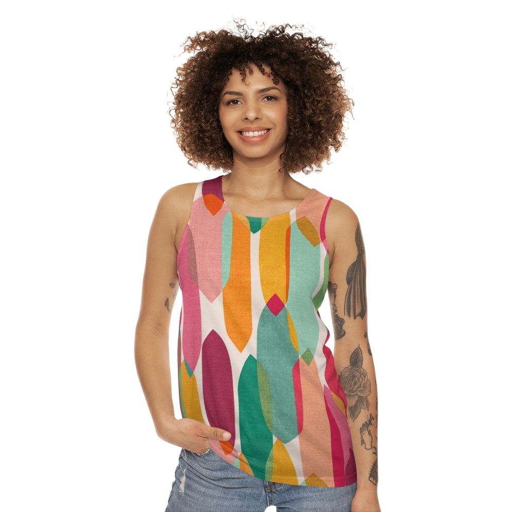 Colorful mid century modern droplets pattern on unisex tank top - women