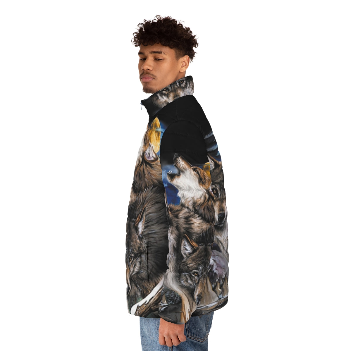 Howling wolves in the moonlight on a puffer jacket for outdoor adventure - men side left