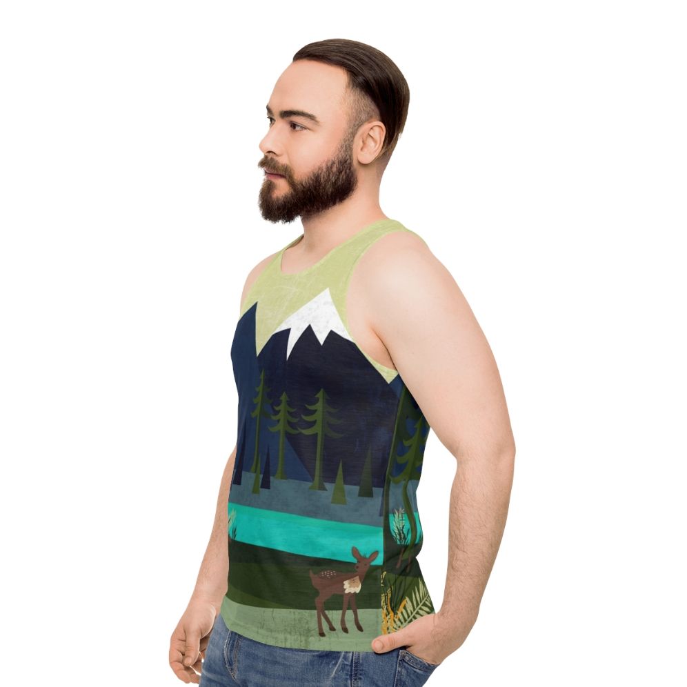 Unisex tank top with a nature-inspired forestscape design featuring deer and flowers - men side