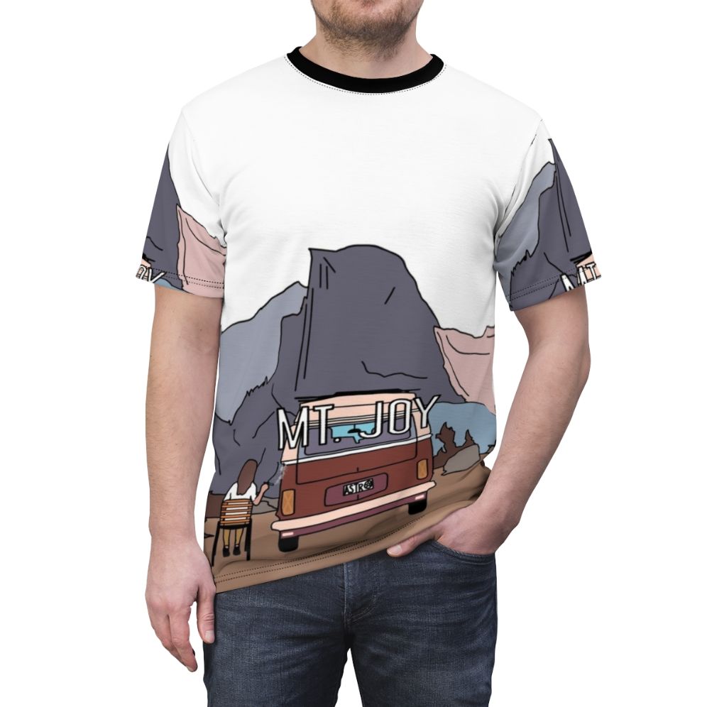 Indie folk inspired Astrovan digital print t-shirt with mountain and visionary artwork - men front