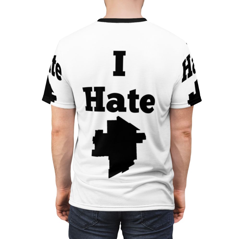 Winnipeg-inspired graphic t-shirt design featuring a play on "I Hate Winnipeg" lyrics - men back