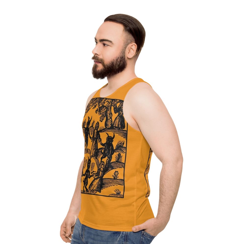 A unisex tank top with a gothic, occult-inspired skeleton dancing design - men side