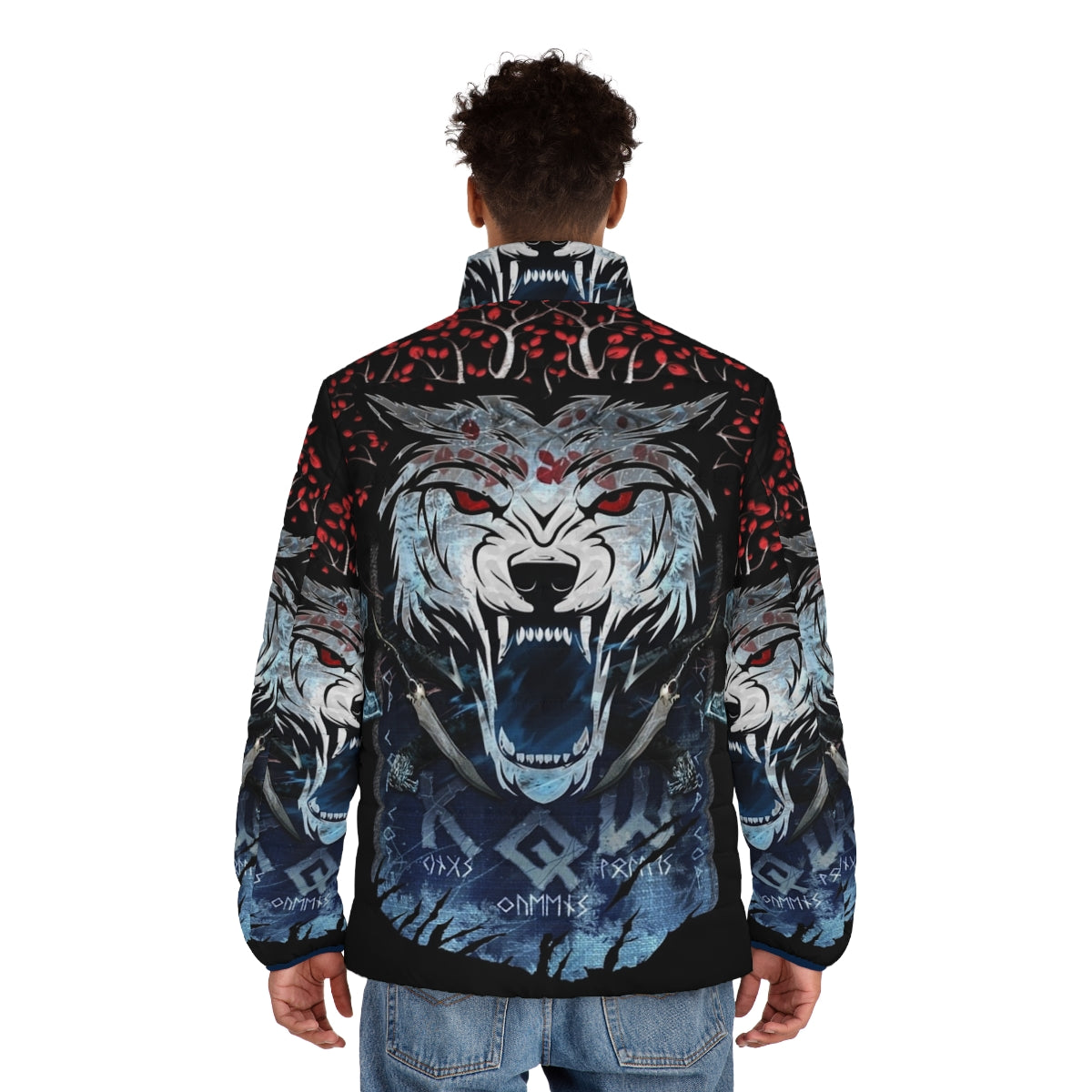 Kqw Banner Puffer Jacket with wolf and Stark house design - men back