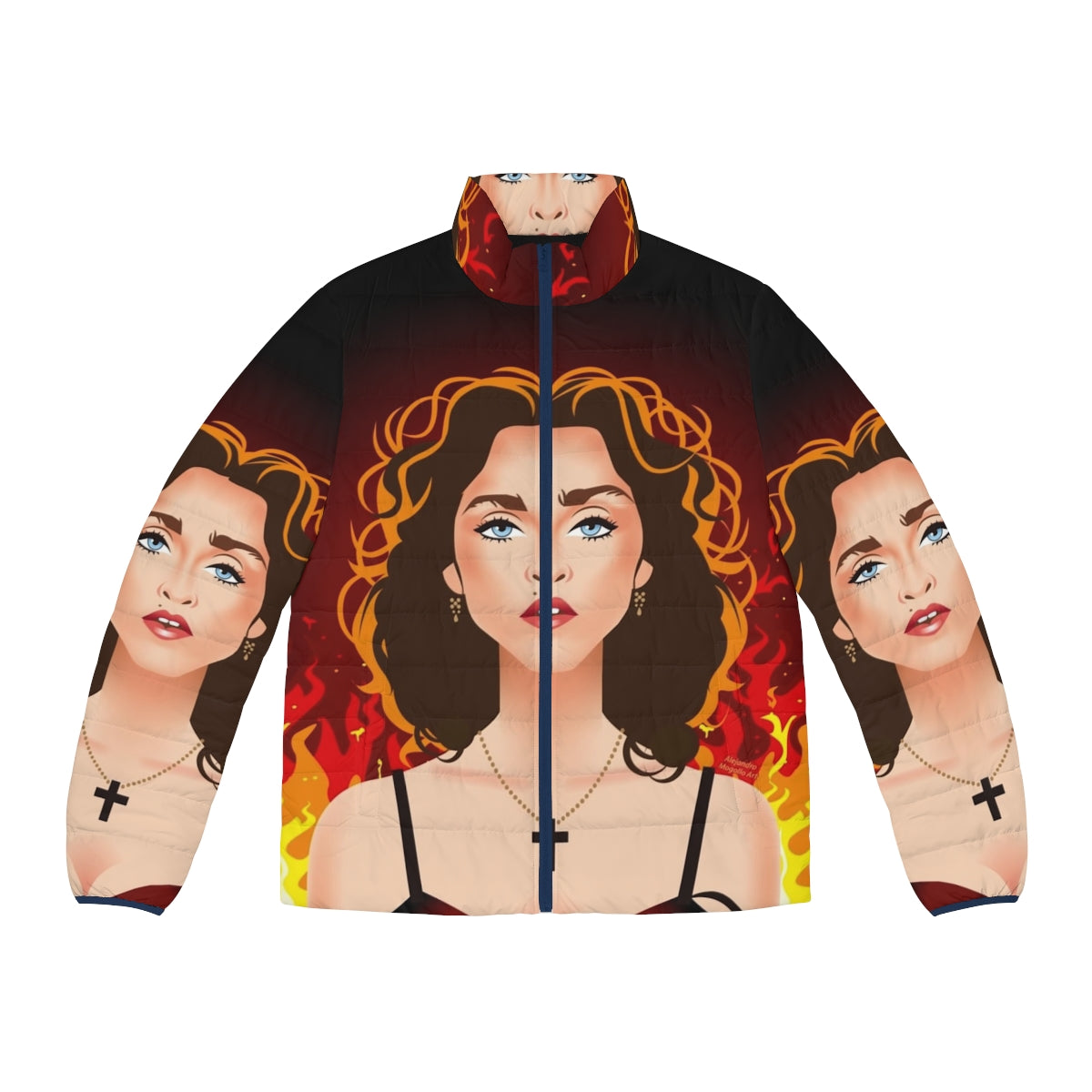 Prayer Puffer Jacket featuring Alejandro Mogollo's fiery pop art cross design