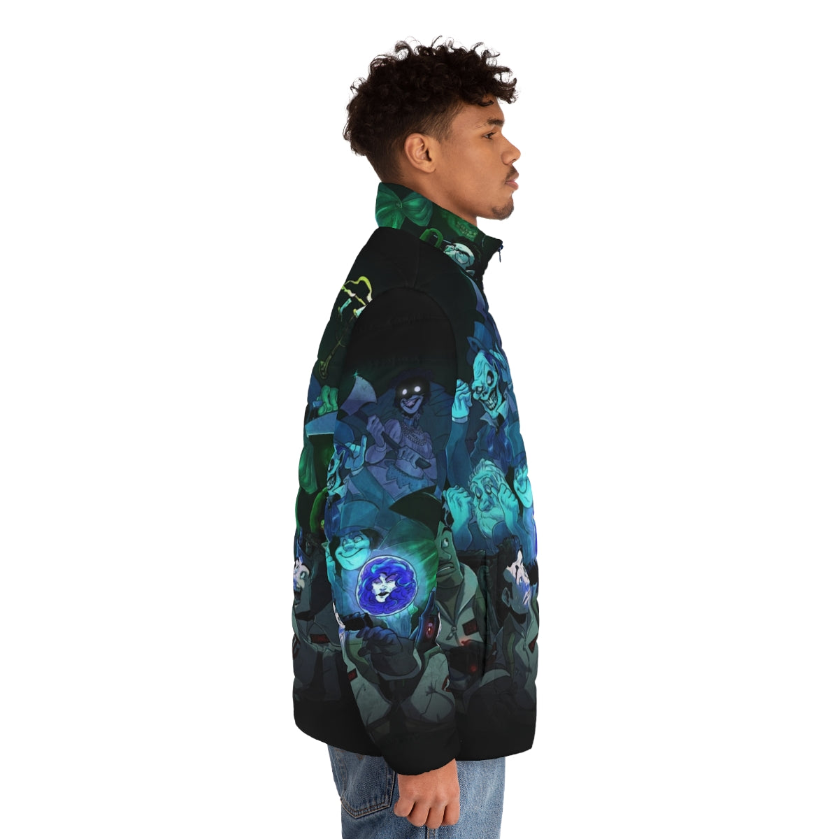 Ghostbusters-inspired puffer jacket featuring iconic characters and Haunted Mansion elements - men side right