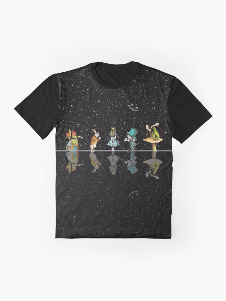 Surreal graphic tee featuring Alice in Wonderland characters against a starry night sky background. - Flat lay