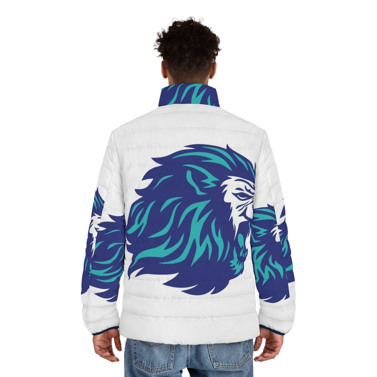 Blue puffer jacket with animal power graphic - men back