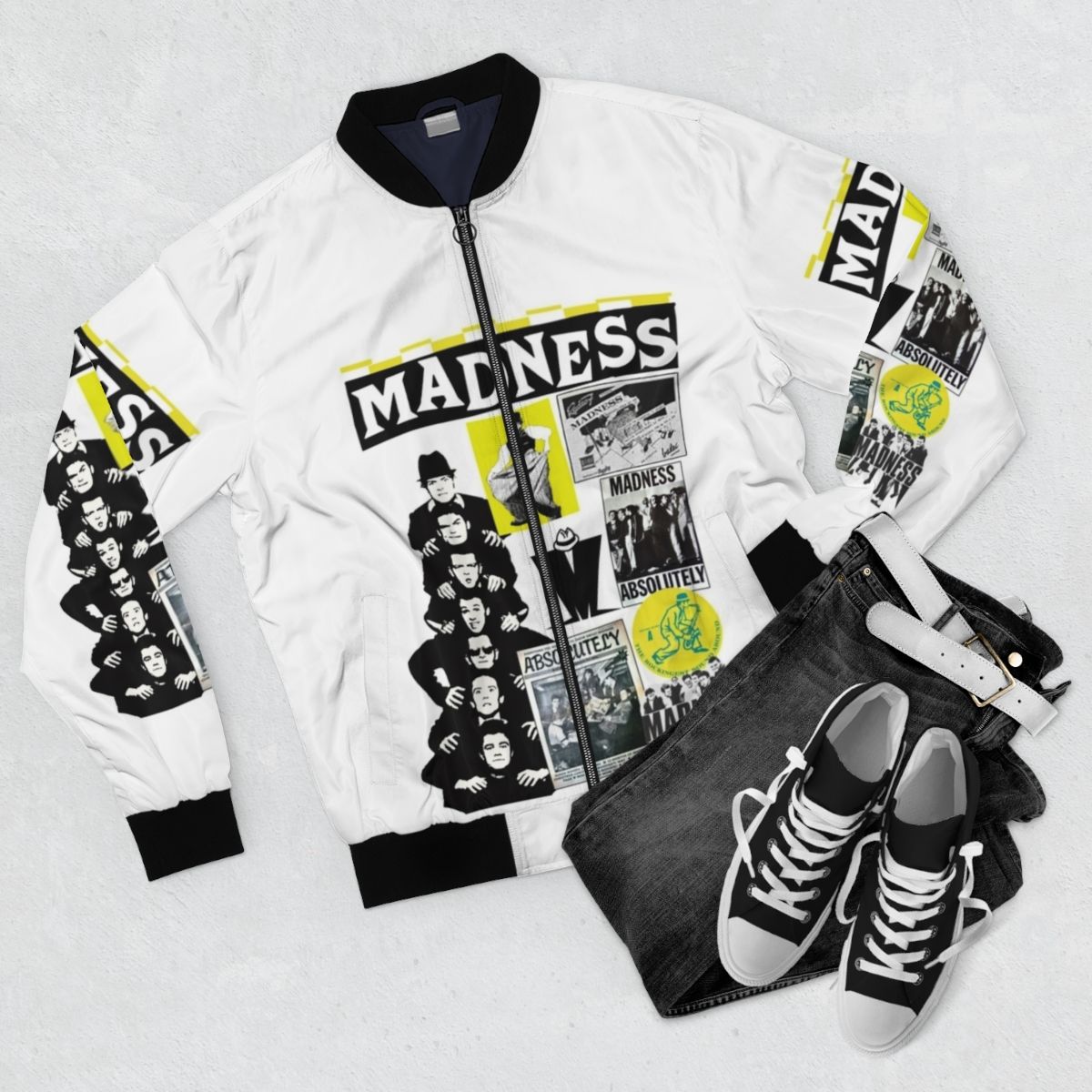 Madness band retro bomber jacket with vintage logo and graphics - Flat lay