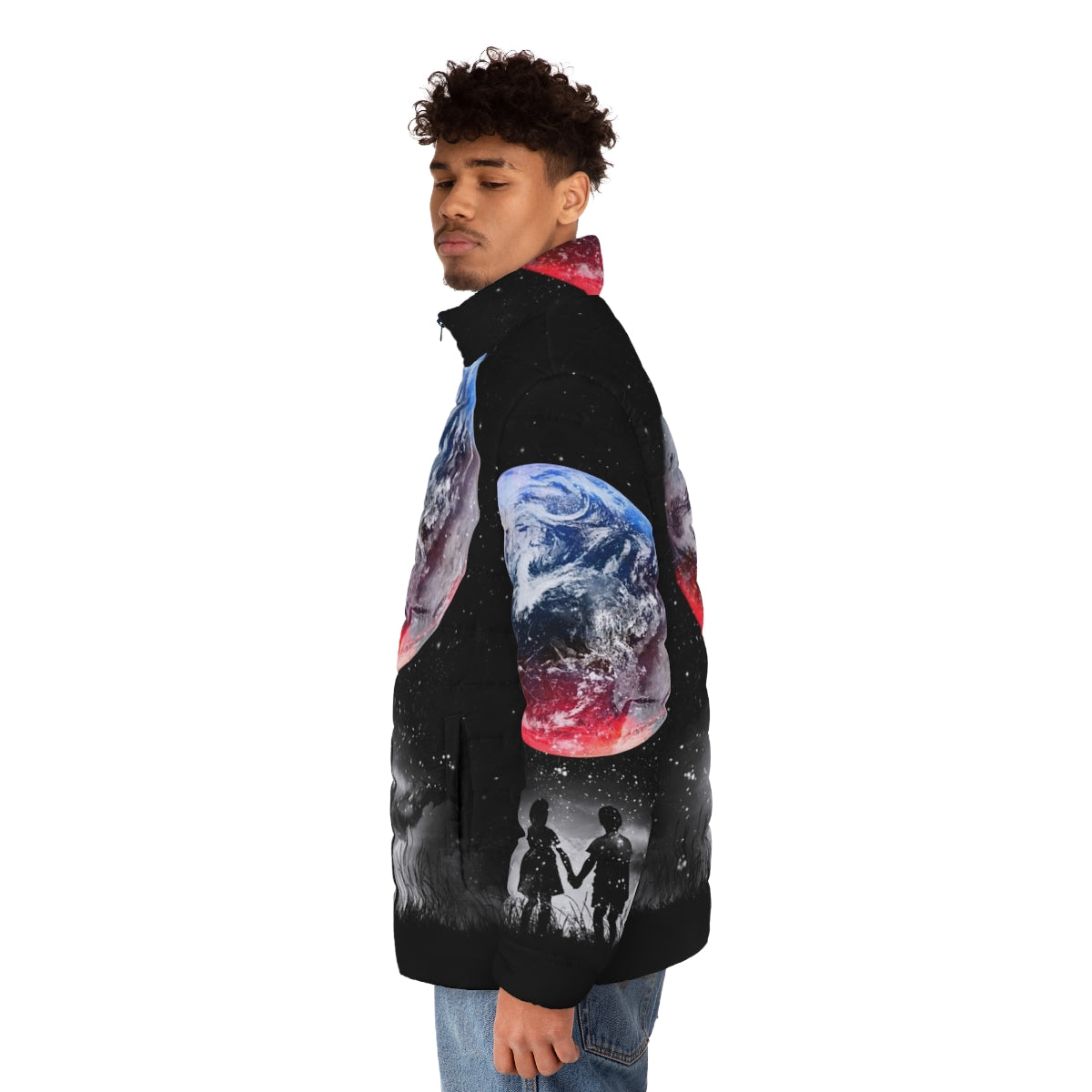 Model wearing a black puffer jacket with a space-themed design featuring stars, planets, and the universe - men side left