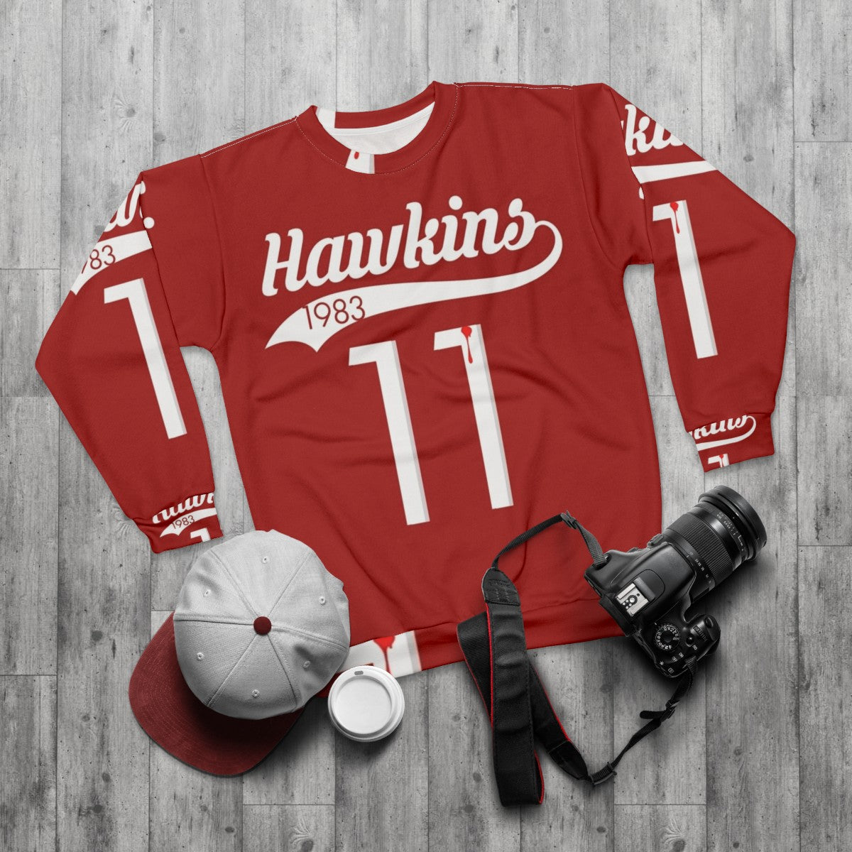 Hawkins High School 11 Sweatshirt featuring Eleven and Stranger Things 80s style - flat lay