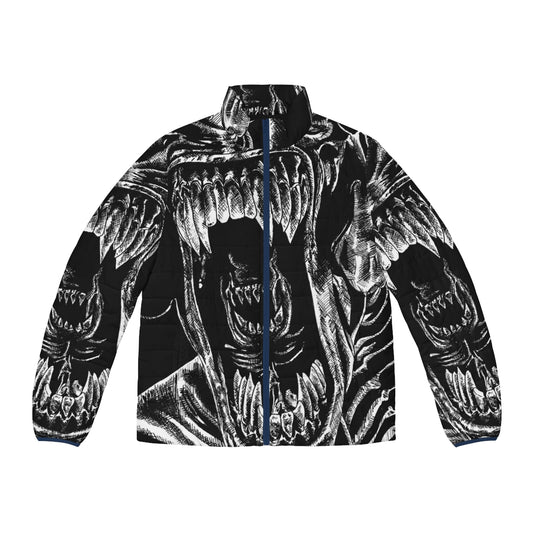 A puffer jacket with an alien-inspired design, featuring a xenomorph-like pattern in dark colors.