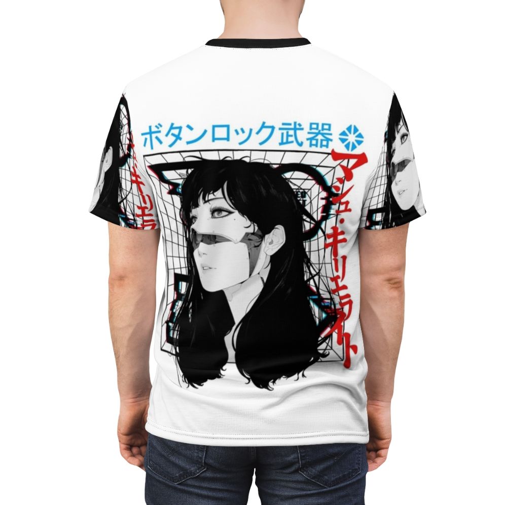 Cyberpunk-inspired t-shirt featuring a cyborg girl in a vaporwave urban style design - men back