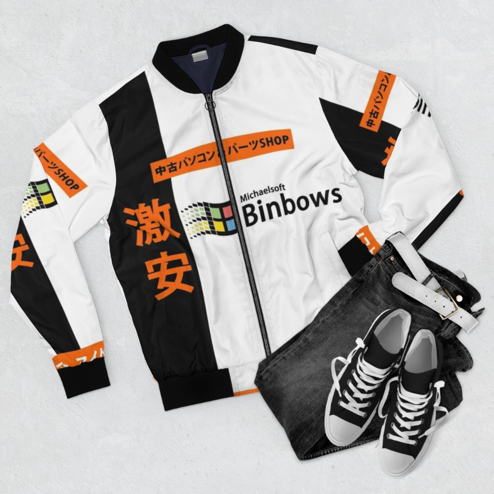 Michaelsoft Binbows Drip Bomber Jacket, a hypebeast and meme-inspired fashion piece - Flat lay