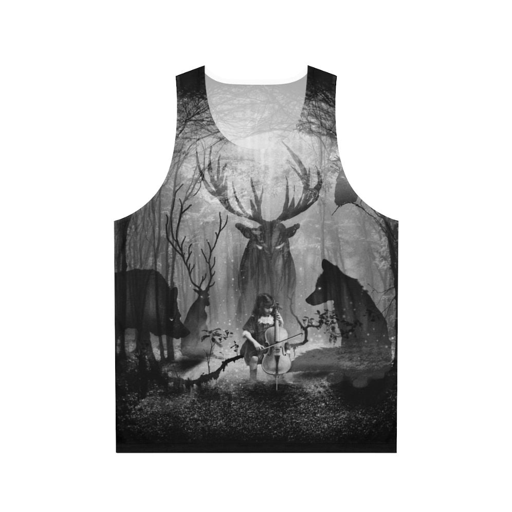 Unisex tank top featuring a forest scene with musical instruments and wild animals