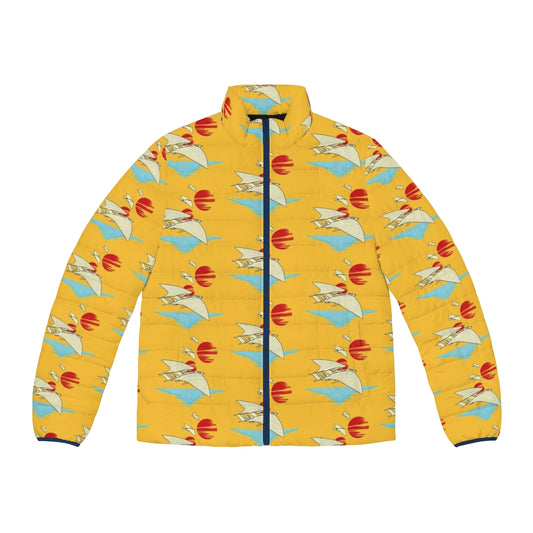 Tropical puffer jacket featuring Lando Calrissian, Han Solo, and the Millennium Falcon