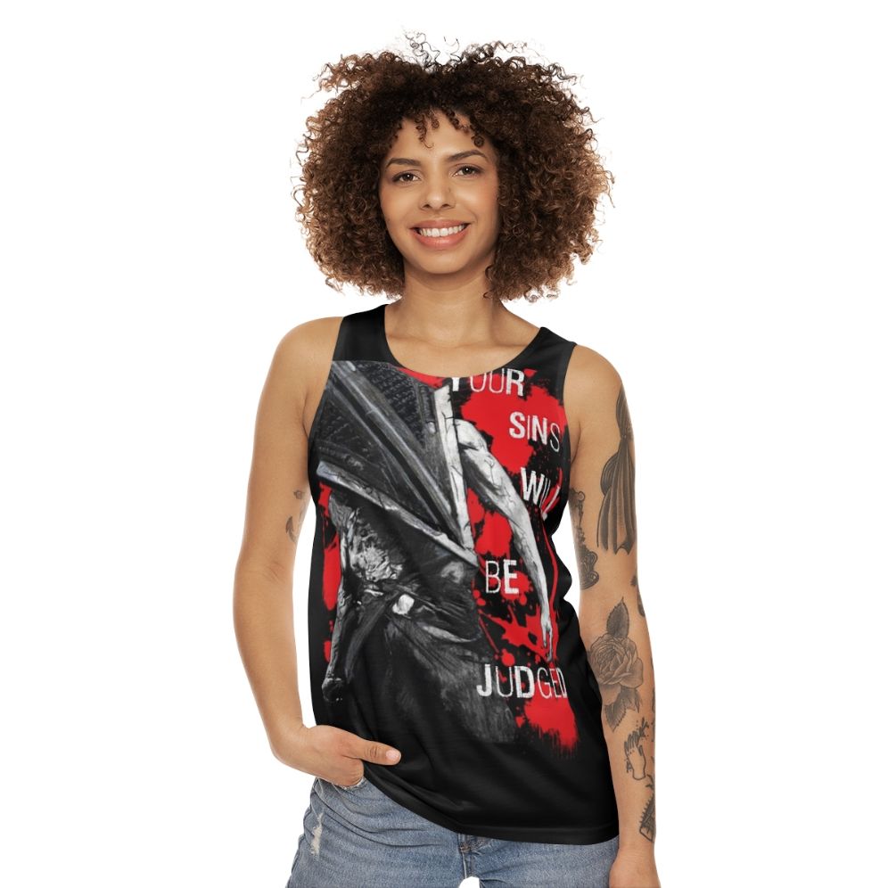 Horror themed unisex tank top with "Your Sins Will Be Judged Again" design - women