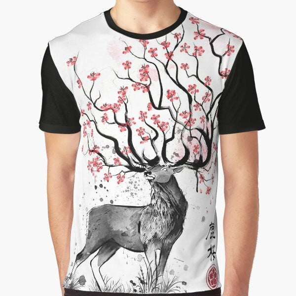 Minimalist graphic t-shirt featuring a sakura deer design in a watercolor sumi-e style