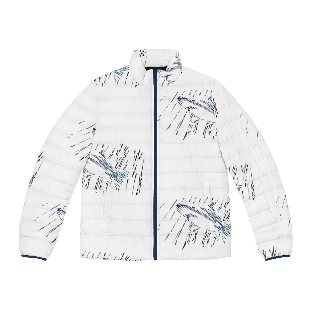 A stylish puffer jacket with an artistic, ocean-themed design