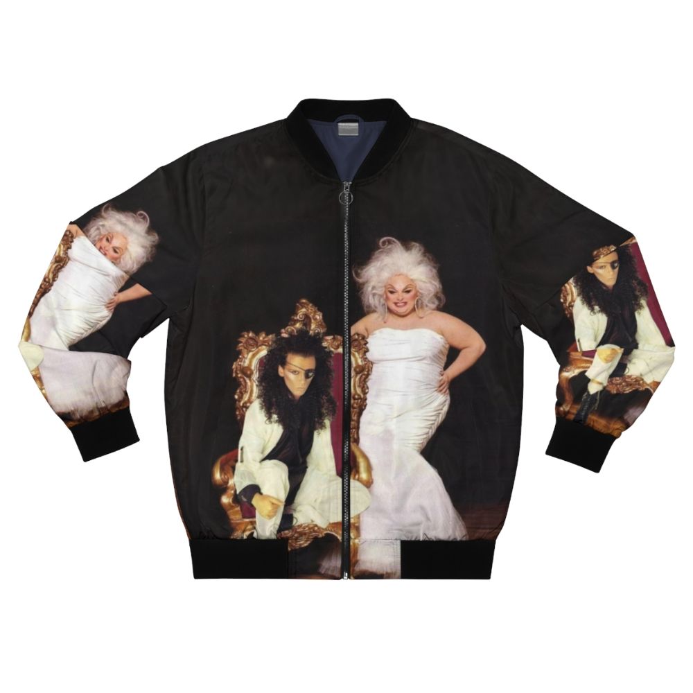 Vintage bomber jacket with images of Pete Burns and Divine, iconic 80s music stars