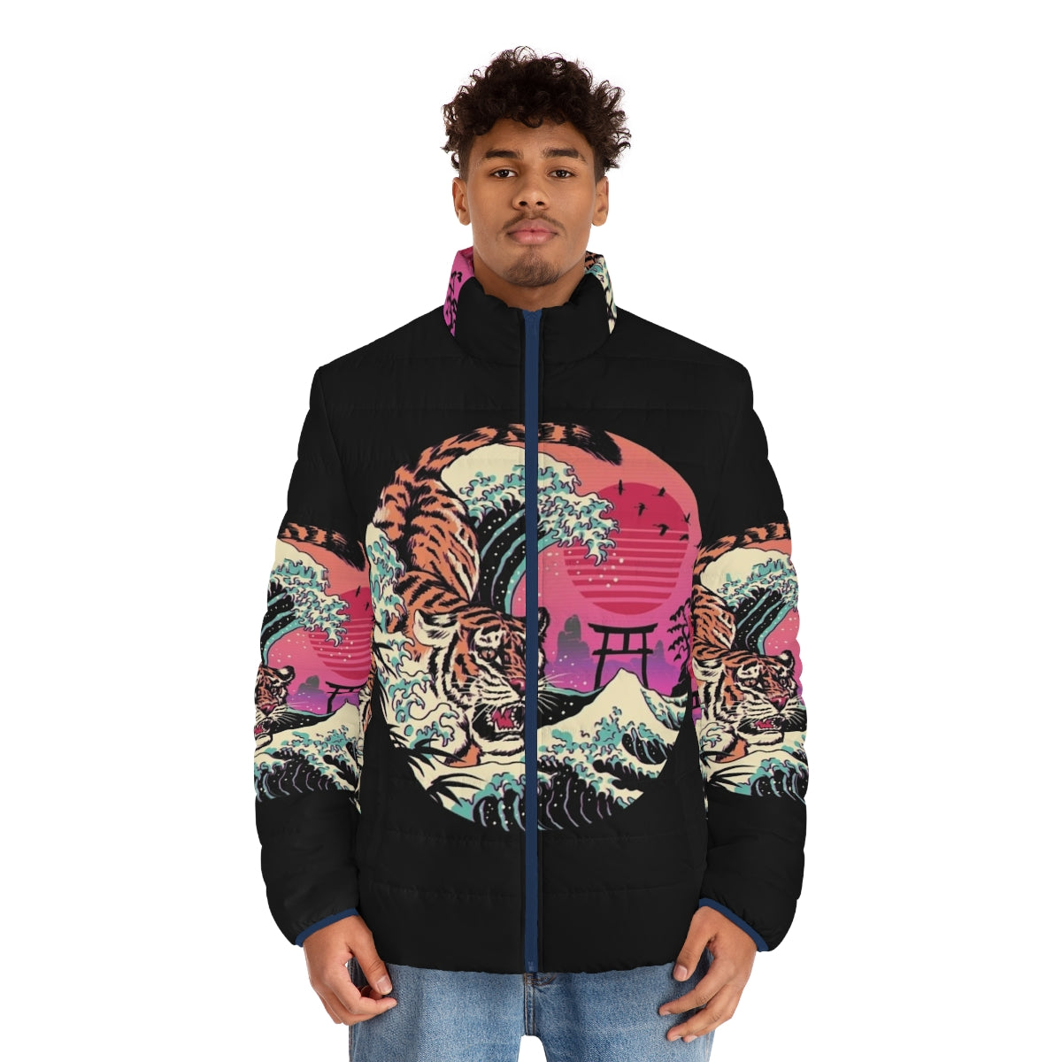 Retro puffer jacket with tiger wave graphic design - men front