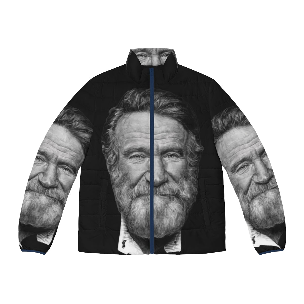 A puffer jacket featuring a portrait of the iconic actor and comedian Robin Williams.