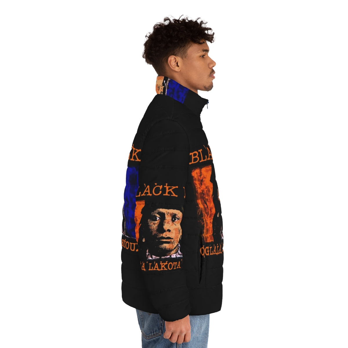 Stylish and warm puffer jacket featuring the iconic Black Elk design, representing the Oglala Lakota Sioux culture. - men side right