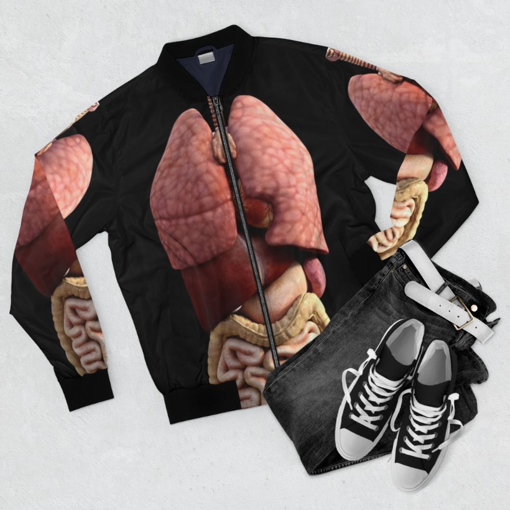 3D illustration of human internal organs on a bomber jacket - Flat lay