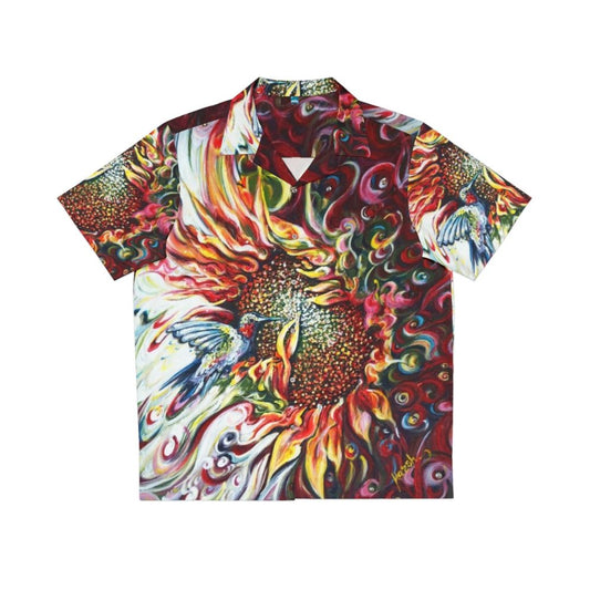 Sunflowers and hummingbird design on a colorful Hawaiian shirt