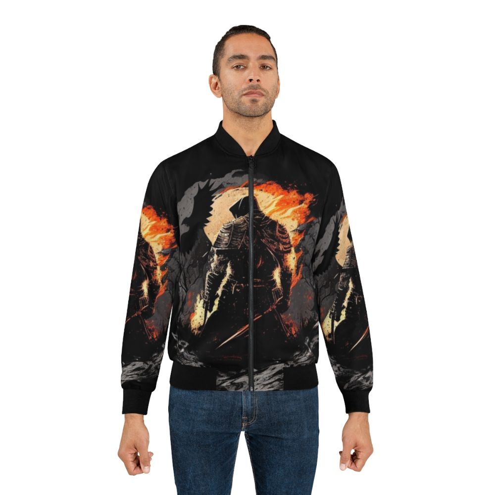 Dark Souls Melancholic Bomber Jacket, featuring a soulsborne-inspired design with a focus on the game's dark and somber atmosphere. - Lifestyle