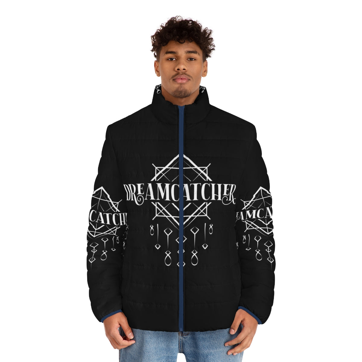 Dreamcatcher black and white puffer jacket with kpop logo design - men front