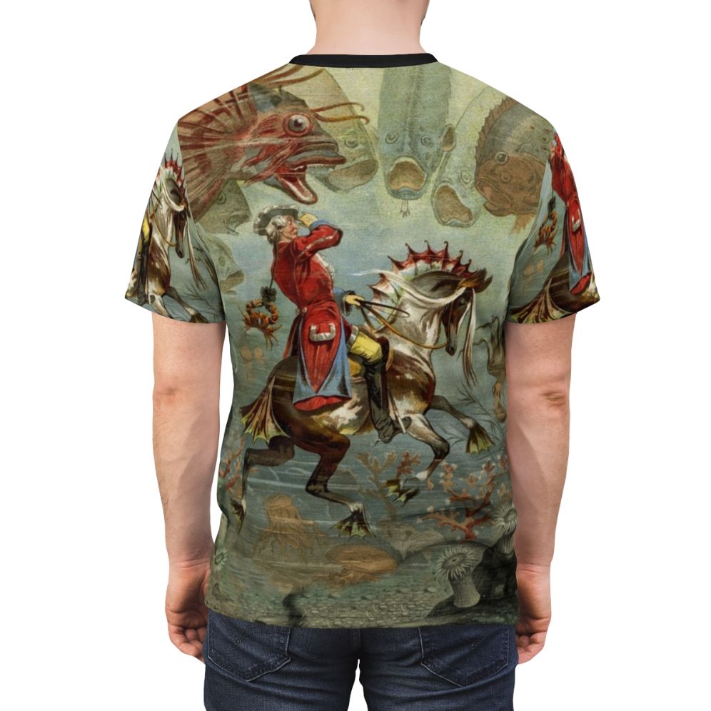 Whimsical vintage-style t-shirt featuring a sea horse design - men back