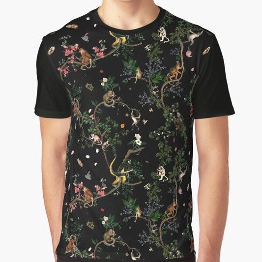 Vintage-style graphic t-shirt featuring a monkey in a botanical jungle scene