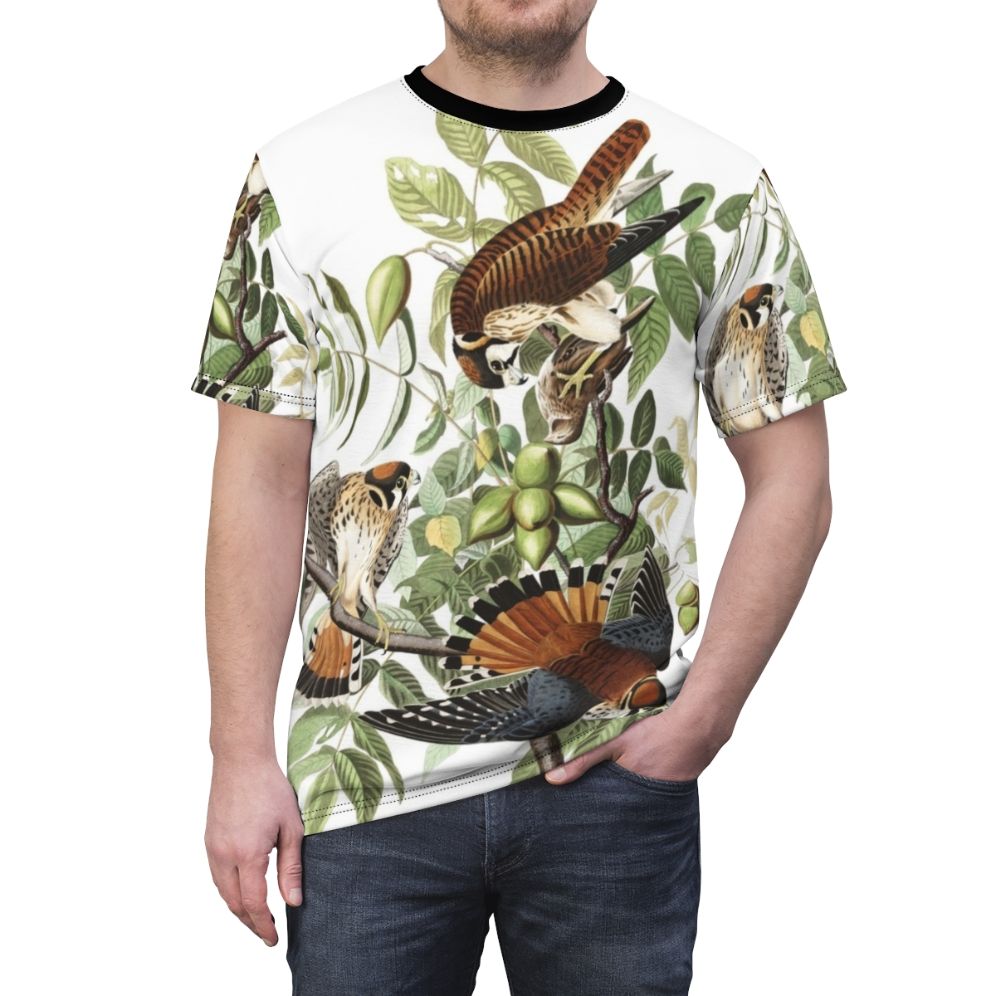 Vintage-inspired American kestrel bird of prey t-shirt design - men front