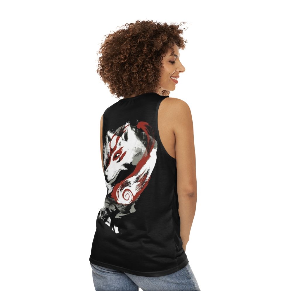 Unisex wolf graphic tank top with retro painterly okami and amaterasu design - women back