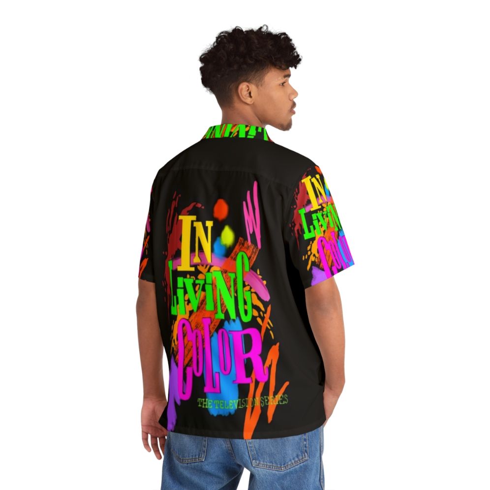 Retro 90s Hawaiian Shirt with 'In Living Color' TV Show Design - Flat lay