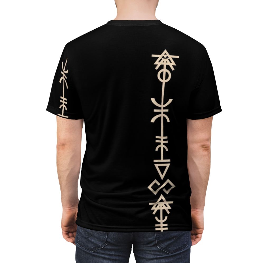 Minimalist alien rune graphic design on a t-shirt for space elf enthusiasts - men back