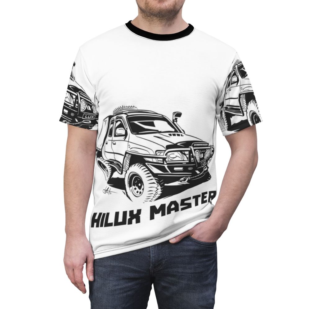 Toyota Hilux inspired adventure all-over print t-shirt with offroad and 4x4 design elements - men front