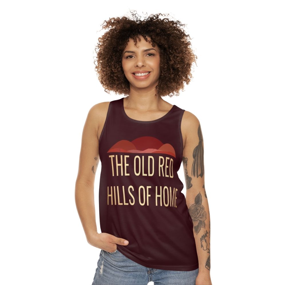 Unisex musical theater tank top with The Old Red Hills Of Home Parade design - women