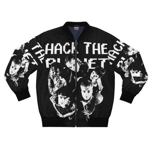 Bomber jacket with "Hack the Planet" retro design, inspired by 90s hacker culture