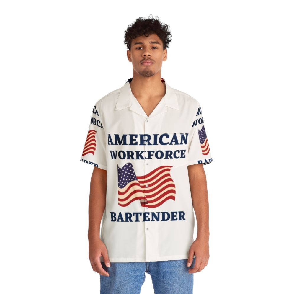 Bartender wearing patriotic Hawaiian shirt with American flag design - People Front