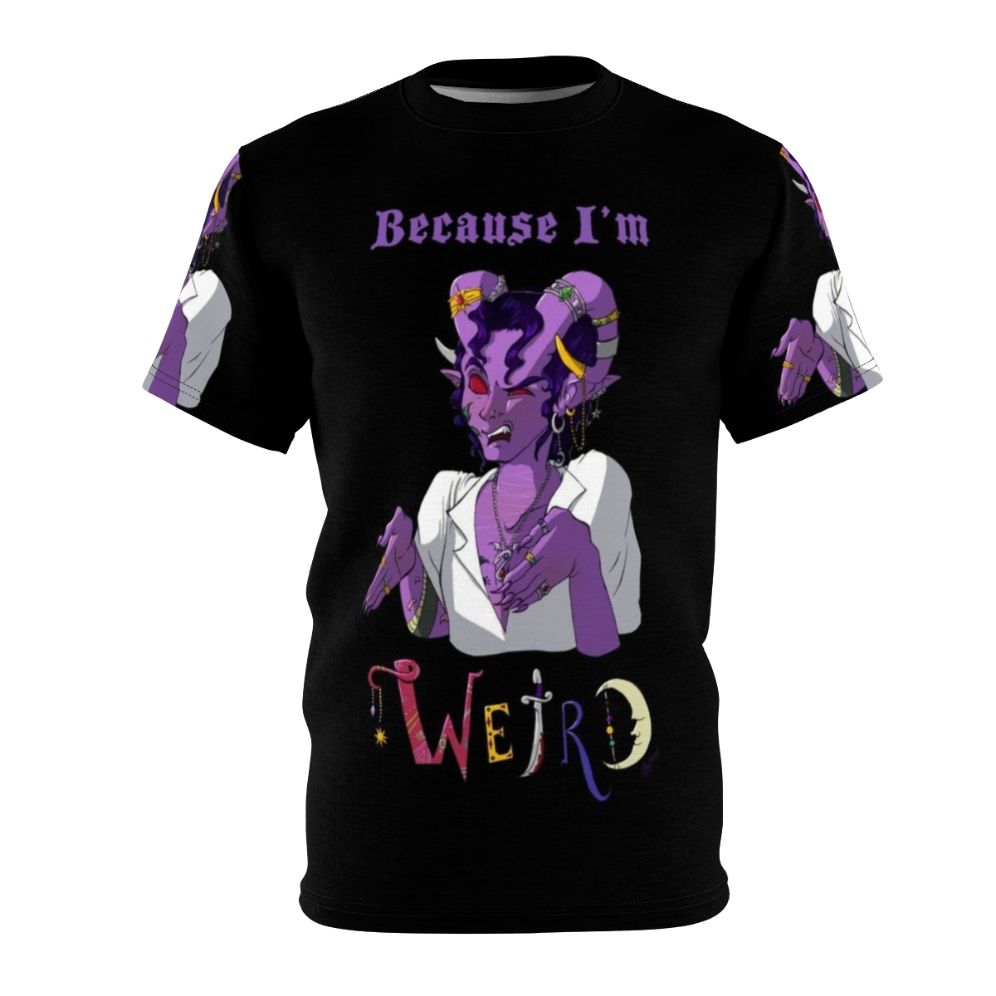 Artistic t-shirt design featuring a quirky tiefling character, perfect for Critical Role and Dungeons & Dragons enthusiasts.