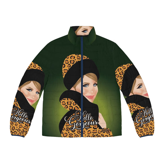 Leopard print puffer jacket featuring Alejandro Mogollo art design